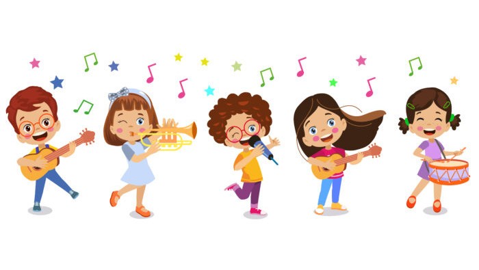 happy children playing instruments and singing